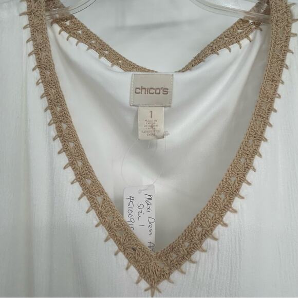 Chico's Grecian Goddess White Tan Crochet Tie Waist Sleeveless Maxi Dress 1 US 8 - Picture 4 of 7